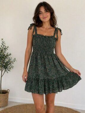 Aerie Green Floral Smocked Mini Dress Size S/P